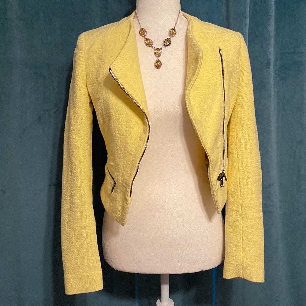 ZARA Trafaluc Sunny Yellow Textured Cropped Moto Jacket